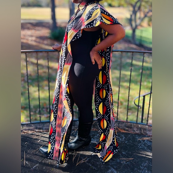 African Print Ankara Brown Multicolor Button Front Open Side Blouse - Picture 5 of 6